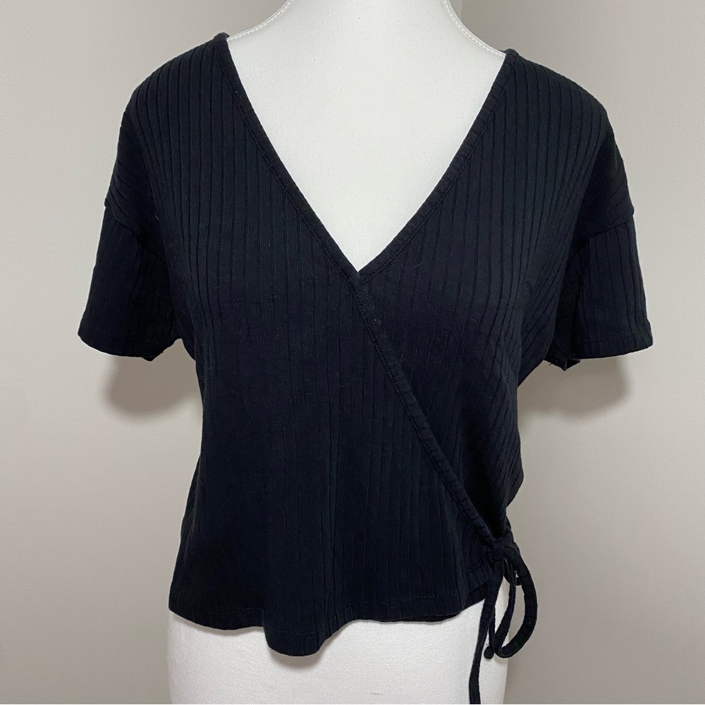Madewell Black Ribbed Wrap Blouse Shirt Large